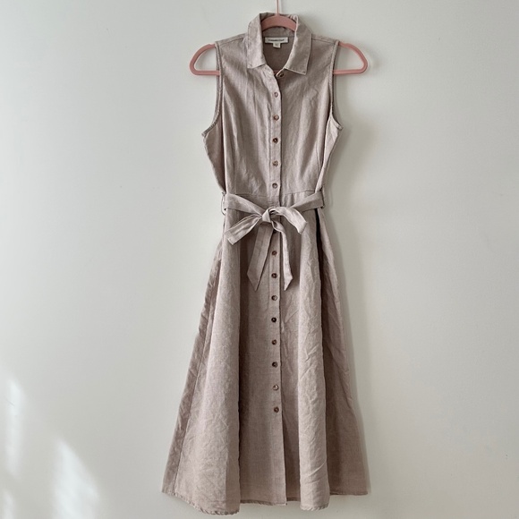 Coldwater Creek 100% Linen Beige Belted Button Up Midi Maxi Shirtdress Dress - Picture 1 of 16